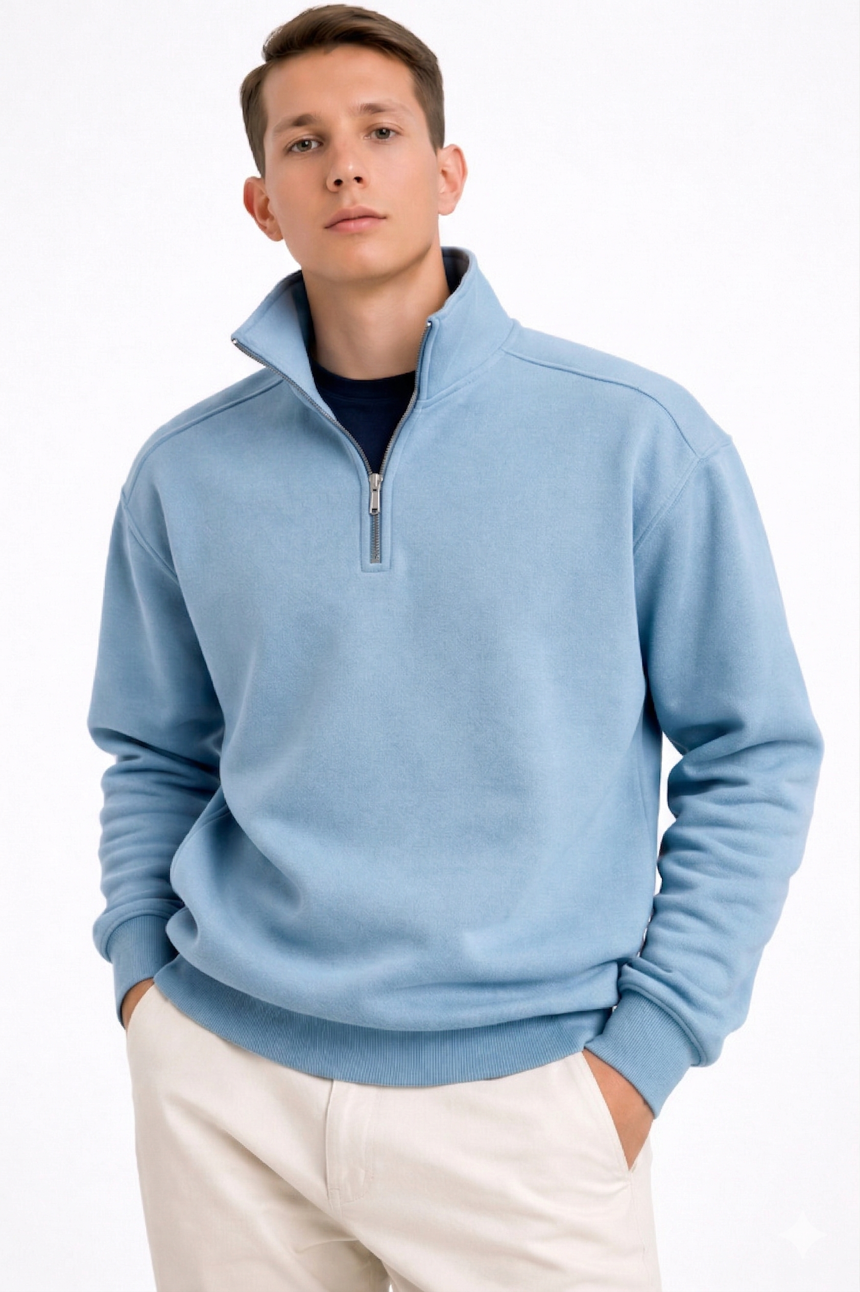 Beatline Jacket Faded Denim — chaqueta minimalista algodón 315GSM hecha en Ecuador, COFRA STUDIO